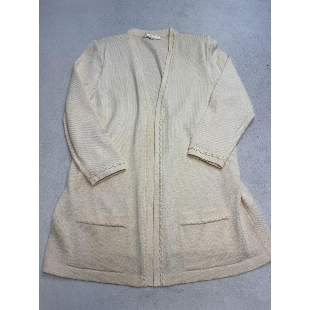 St John Basics Cardigan Sweater Women's Large Cream Open Front Knit Pockets